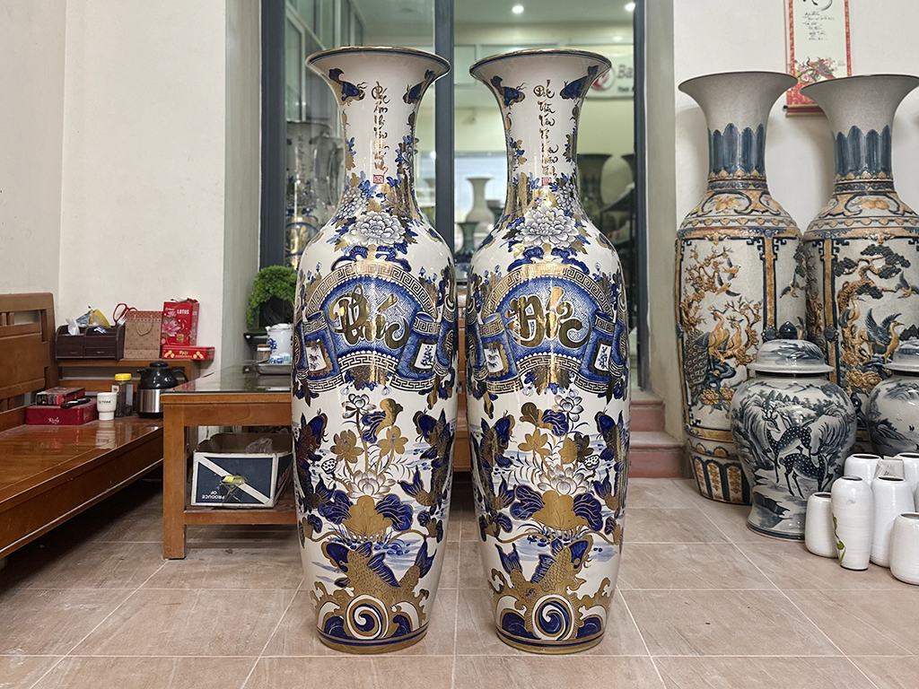 Lọ lộc bình Bát Tràng men lam Phúc Đức vẽ vàng nano 1m4 1